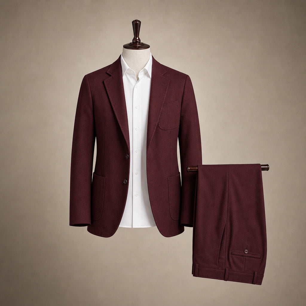 Mens Pant and Blazer Suede-Finish Two-Piece Suit Set Burgundy – Product Photo