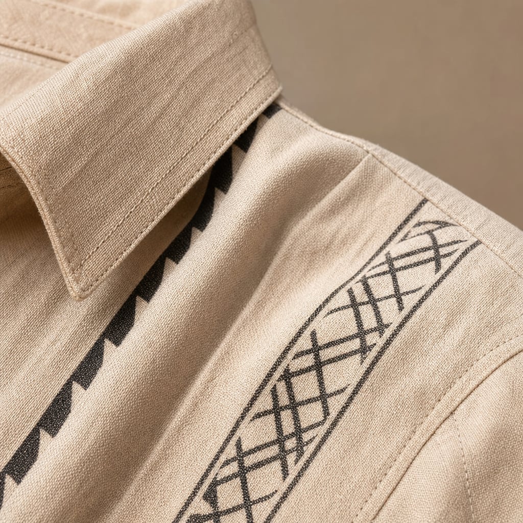 Mens Pant & Geometric Print Shirt Set Linen Blend Cropped Beige Beige – Fabric and Detail Close-Up