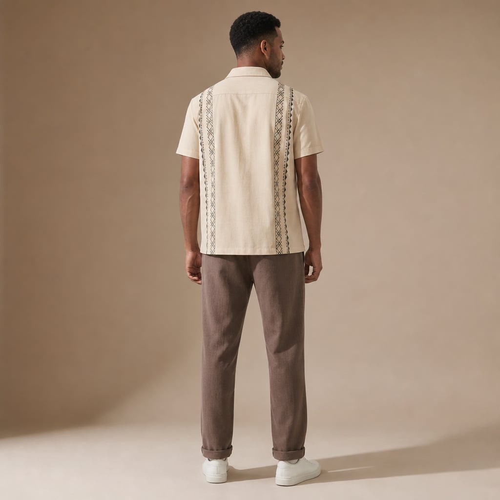 Mens Pant & Geometric Print Shirt Set Linen Blend Cropped Beige Beige – Full Look