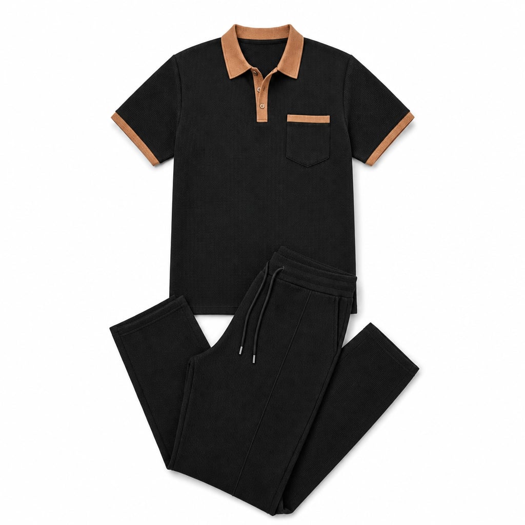 Mens Pant & Polo Waffle Knit 2-Piece Set Straight Leg Black – Product Photo