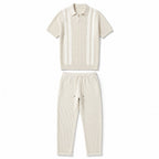 Mens Pant & Striped Knit Polo Set Waffle Drawstring Beige – Product Photo