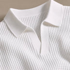 Mens Pant & Striped Knit Polo Set Waffle Drawstring White – Fabric and Detail Close-Up