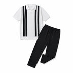 Mens Pant & Striped Knit Polo Set Waffle Drawstring White – Product Photo