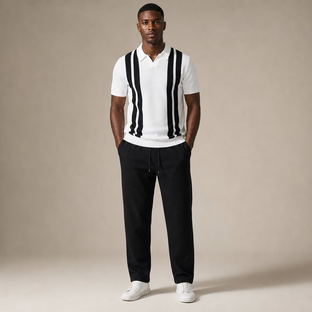 Mens Pant & Striped Knit Polo Set Waffle Drawstring in White – Tarlano Premium Menswear