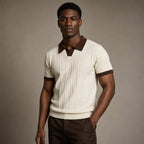 Mens Polo Cable Knit Contrast Trim Short Sleeve Cream Brown Cream/Brown – Side Angle View