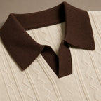 Mens Polo Cable Knit Contrast Trim Short Sleeve Cream Brown Cream/Brown – Fabric and Detail Close-Up