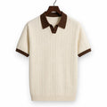 Mens Polo Cable Knit Contrast Trim Short Sleeve Cream Brown Cream/Brown – Product Photo