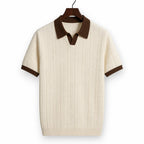 Mens Polo Cable Knit Contrast Trim Short Sleeve Cream Brown Cream/Brown – Product Photo