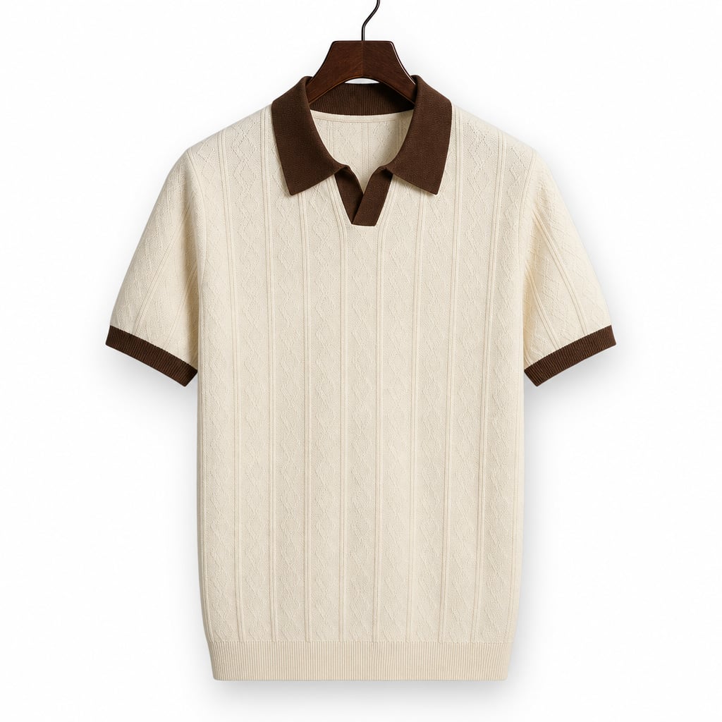 Mens Polo Cable Knit Contrast Trim Short Sleeve Cream Brown Cream/Brown – Product Photo