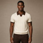 Mens Polo Cable Knit Contrast Trim Short Sleeve Cream Brown in Cream/Brown – Tarlano Premium Menswear