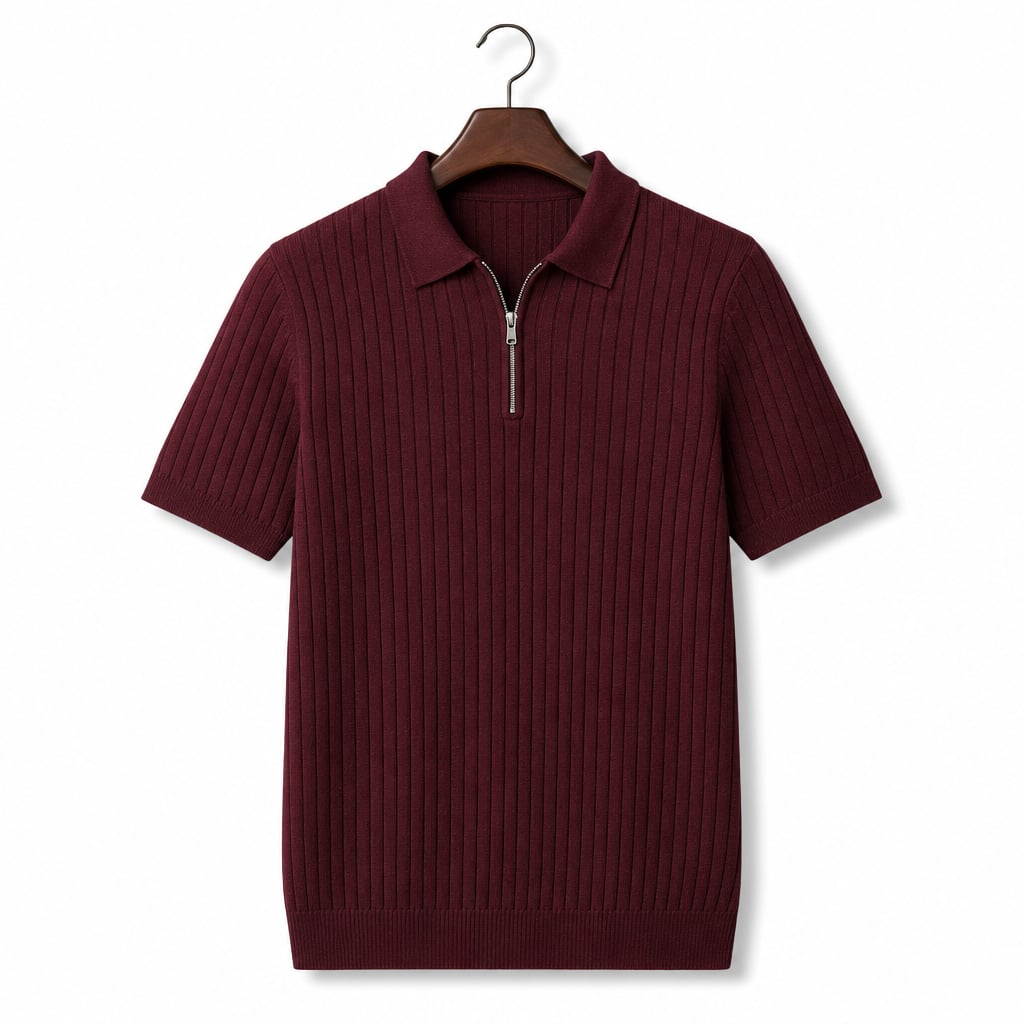 Mens Polo Shirt Striped Knit Short Sleeve Red – Product Photo