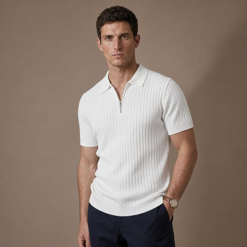 Mens Polo Shirt Striped Knit Short Sleeve White – Side Angle View