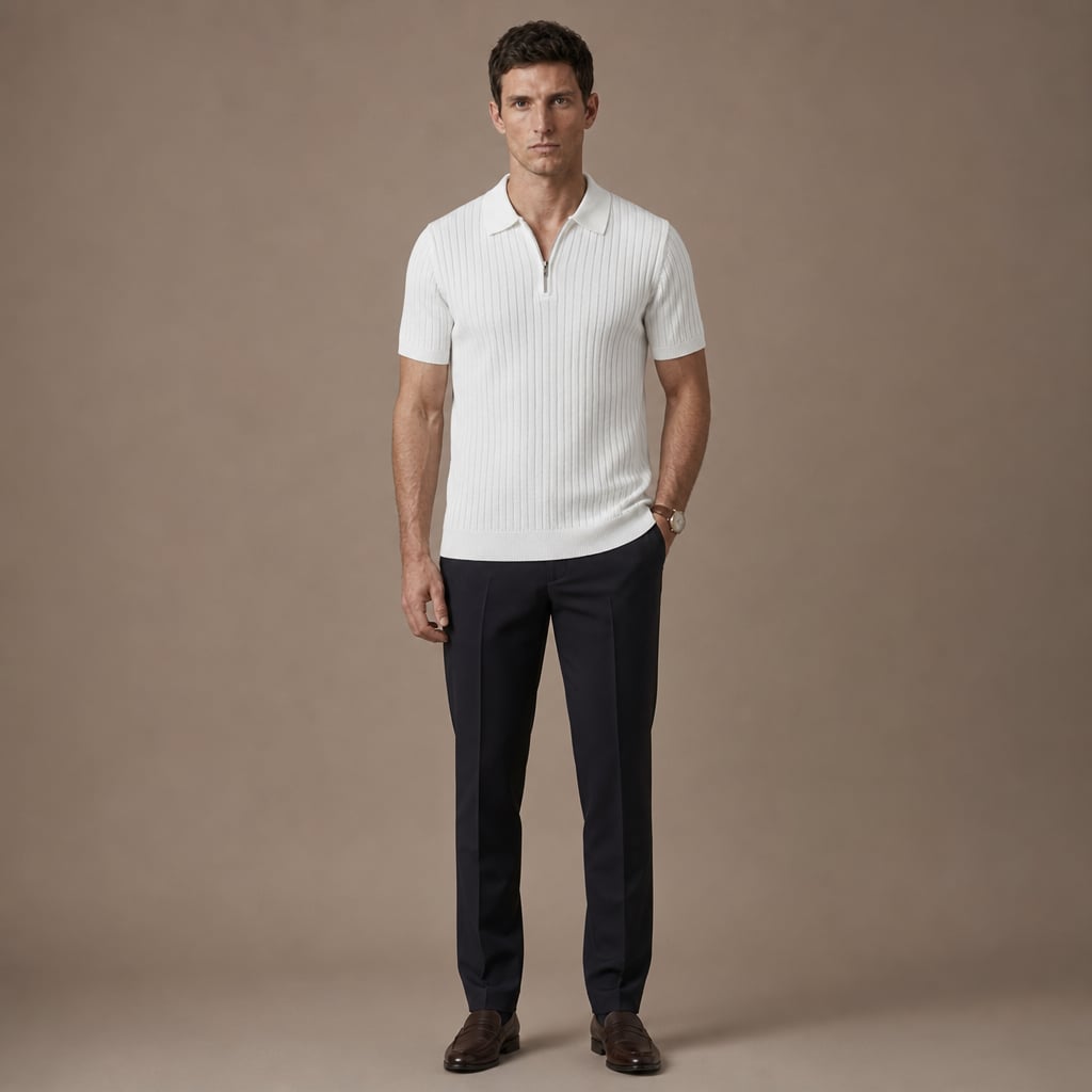 Mens Polo Shirt Striped Knit Short Sleeve White – Full Look