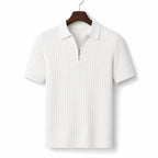 Mens Polo Shirt Striped Knit Short Sleeve White – Product Photo