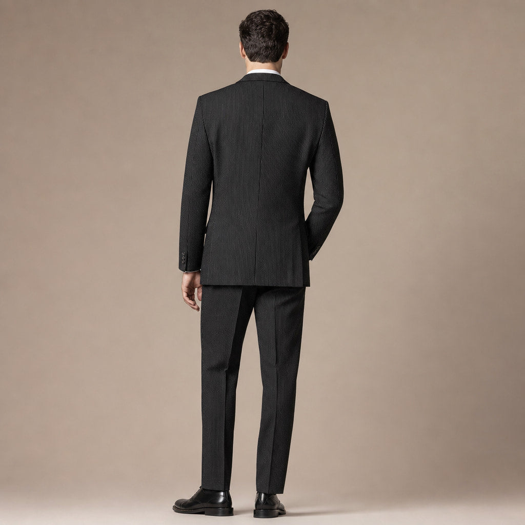 Men's Seersucker Suit 2-Button Notch Lapel Modern Fit Black Pinstripe Black – Side Angle View