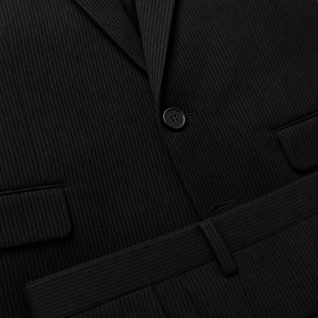 Men's Seersucker Suit 2-Button Notch Lapel Modern Fit Black Pinstripe Black – Fabric and Detail Close-Up