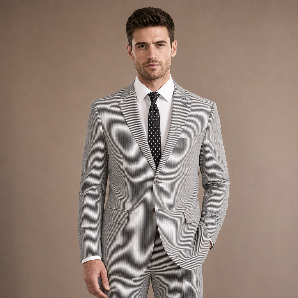 Men's Seersucker Suit 2-Button Notch Lapel Modern Fit Black Pinstripe Black – Full Look