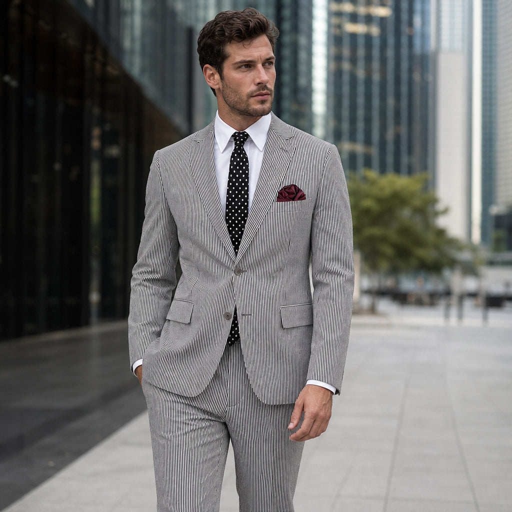 Men's Seersucker Suit 2-Button Notch Lapel Modern Fit Black Pinstripe Black – Styled Editorial Shot