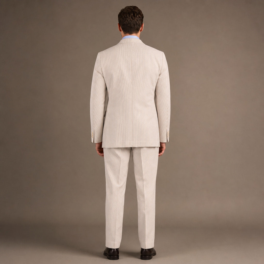 Men's Seersucker Suit 2-Piece Modern Fit Notch Lapel Tan Pinstripe Tan – Side Angle View