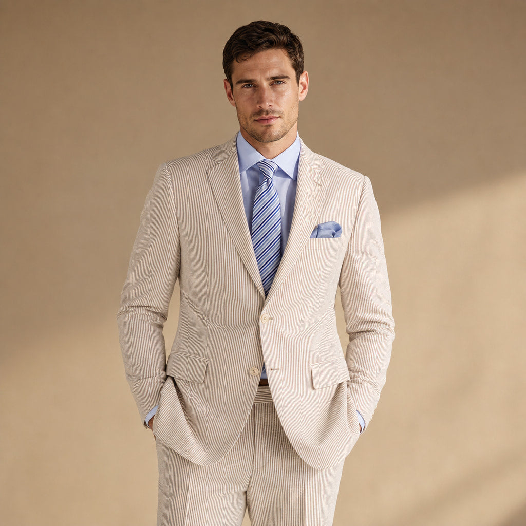 Men's Seersucker Suit 2-Piece Modern Fit Notch Lapel Tan Pinstripe Tan – Full Look