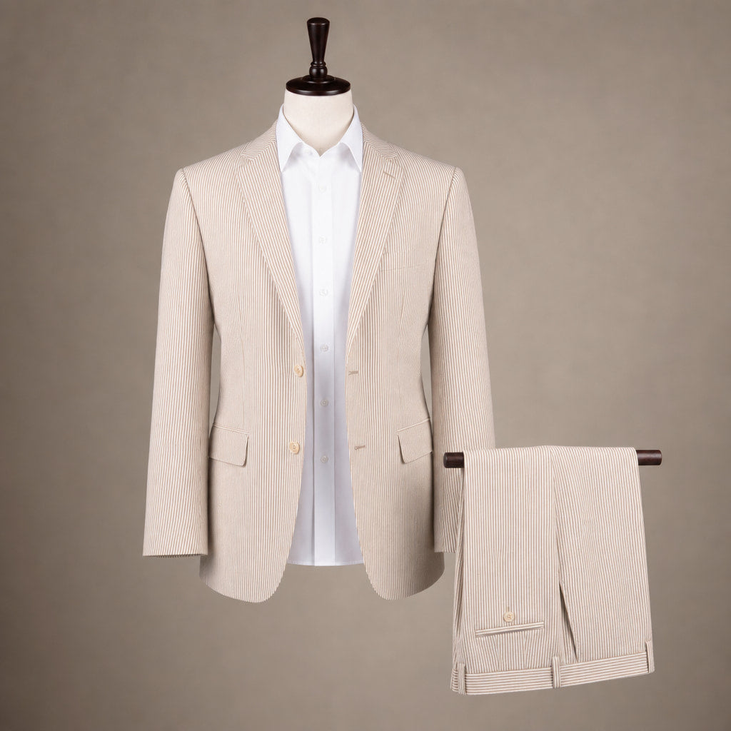 Men's Seersucker Suit 2-Piece Modern Fit Notch Lapel Tan Pinstripe Tan – Product Photo