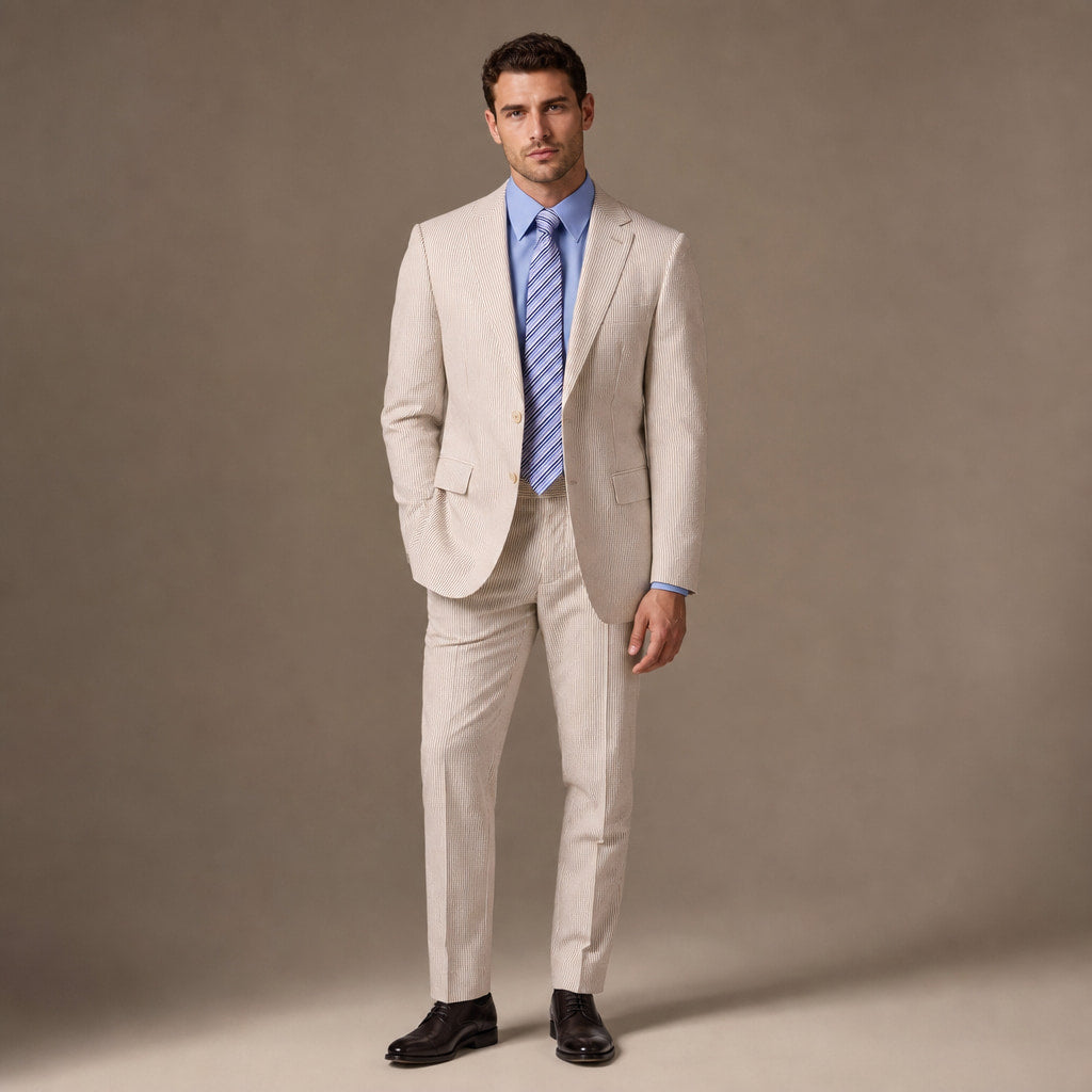Men's Seersucker Suit 2-Piece Modern Fit Notch Lapel Tan Pinstripe in Tan – Tarlano Premium Menswear