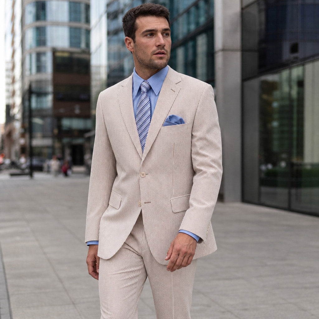 Men's Seersucker Suit 2-Piece Modern Fit Notch Lapel Tan Pinstripe Tan – Styled Editorial Shot