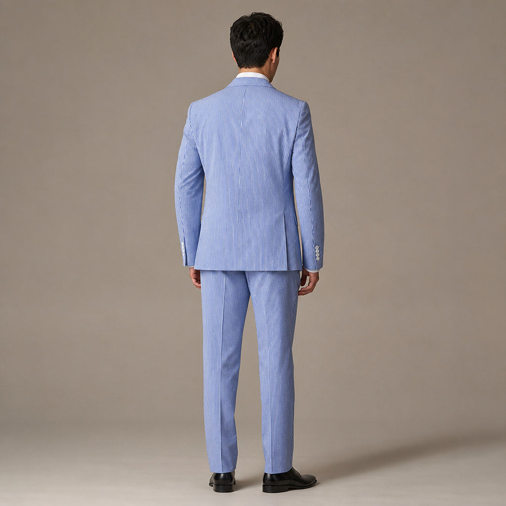 Men's Seersucker Suit 3-Piece Vested 2-Button Modern Fit Blue Blue – Side Angle View