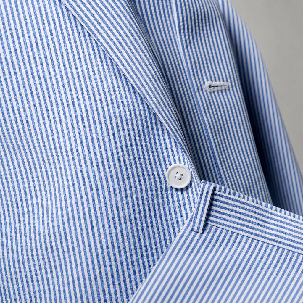 Men's Seersucker Suit 3-Piece Vested 2-Button Modern Fit Blue Blue – Fabric and Detail Close-Up