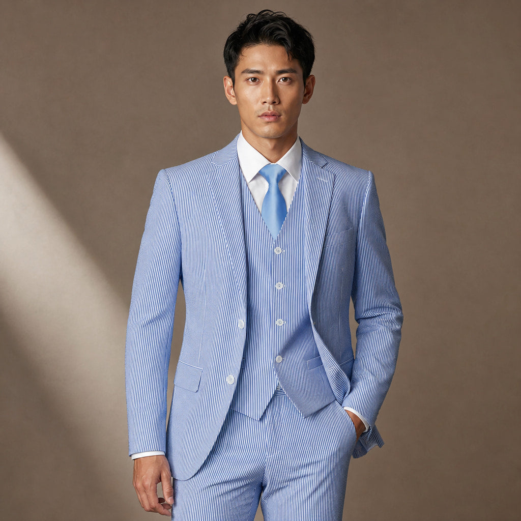 Men's Seersucker Suit 3-Piece Vested 2-Button Modern Fit Blue Blue – Full Look