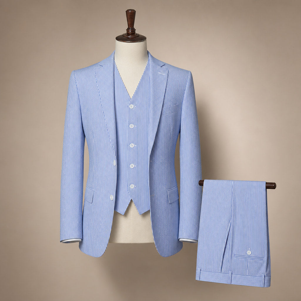 Men's Seersucker Suit 3-Piece Vested 2-Button Modern Fit Blue Blue – Product Photo