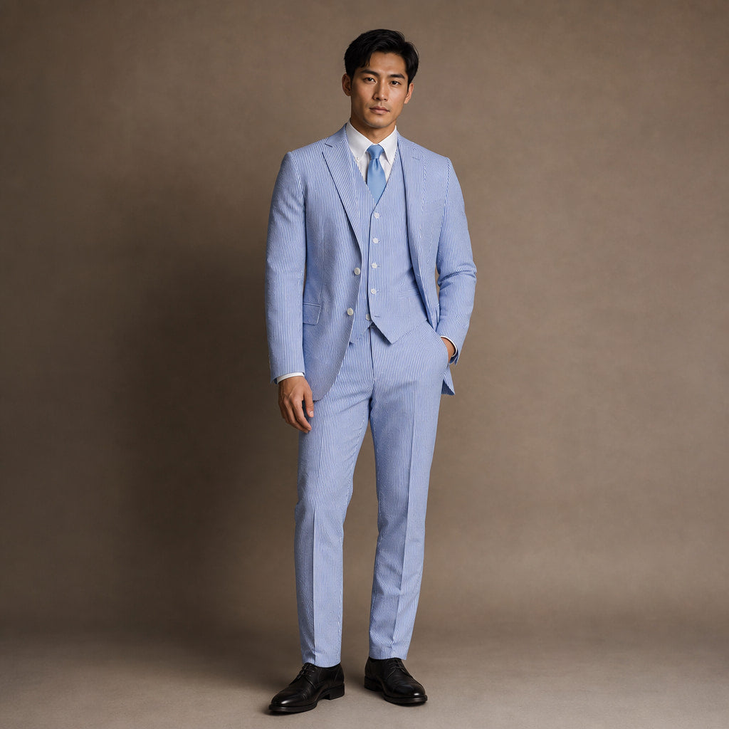 Men's Seersucker Suit 3-Piece Vested 2-Button Modern Fit Blue in Blue – Tarlano Premium Menswear