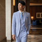 Men's Seersucker Suit 3-Piece Vested 2-Button Modern Fit Blue Blue – Styled Editorial Shot