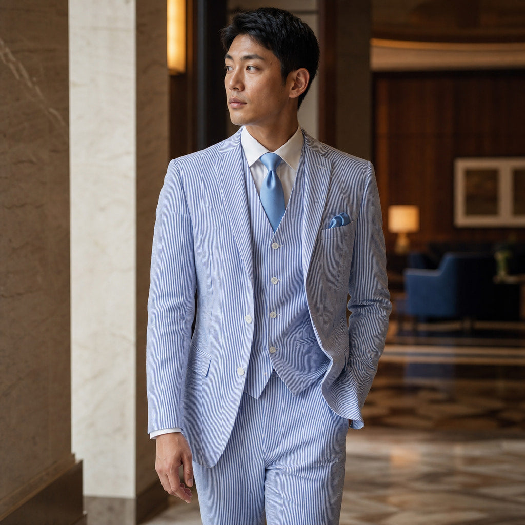Men's Seersucker Suit 3-Piece Vested 2-Button Modern Fit Blue Blue – Styled Editorial Shot