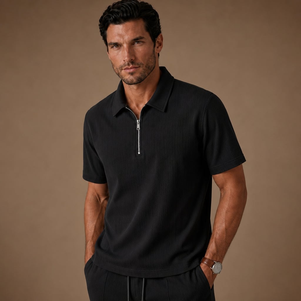 Mens Short and Polo Ribbed Matching Set Quarter-Zip Black – Side Angle View