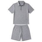 Mens Short and Polo Ribbed Matching Set Quarter-Zip Gray – Product Photo