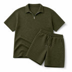 Mens Short and Polo Waffle Knit Set Relaxed Fit Army Green – Product Photo