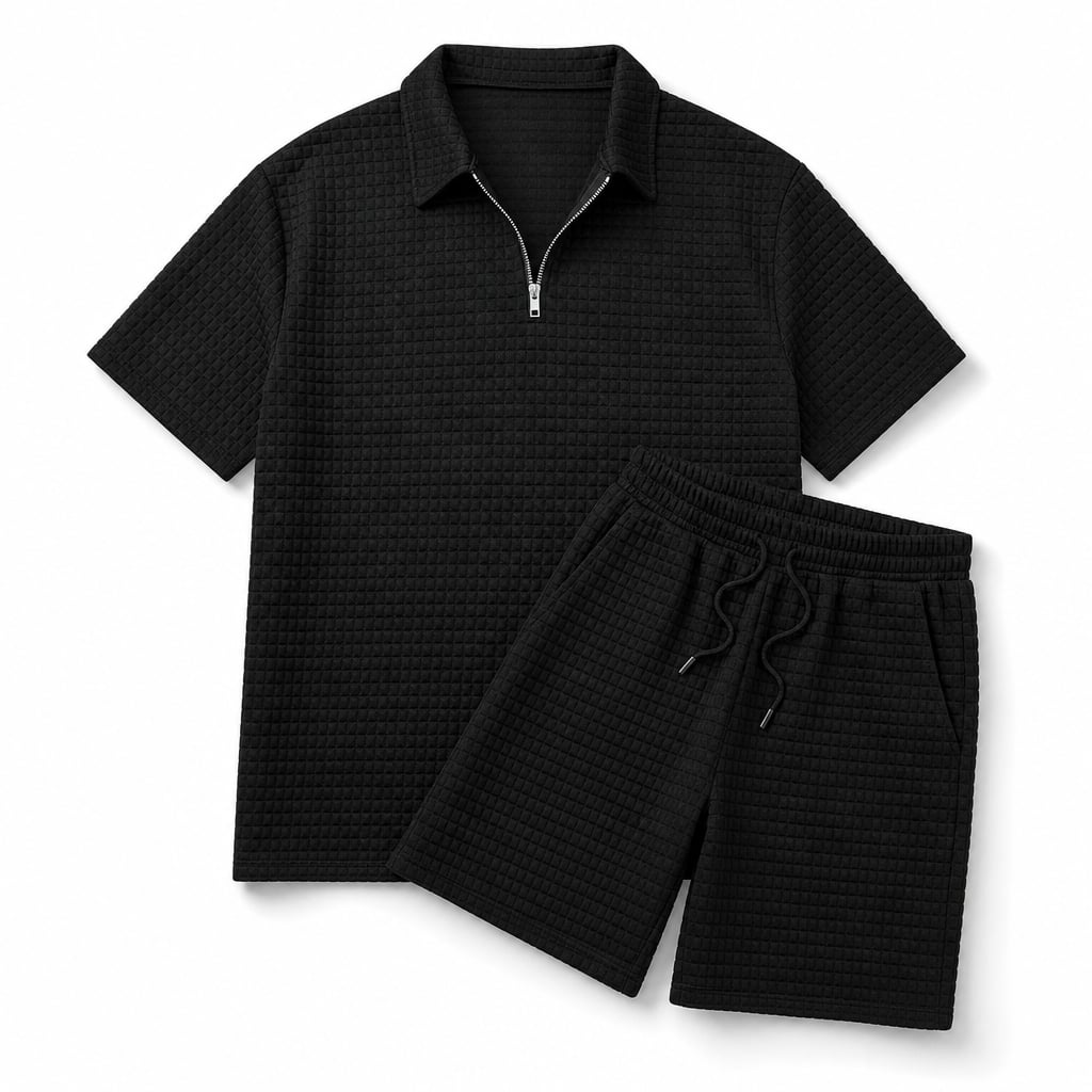 Mens Short and Polo Waffle Knit Set Relaxed Fit Black – Product Photo