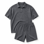 Mens Short and Polo Waffle Knit Set Relaxed Fit Dark Gray – Product Photo