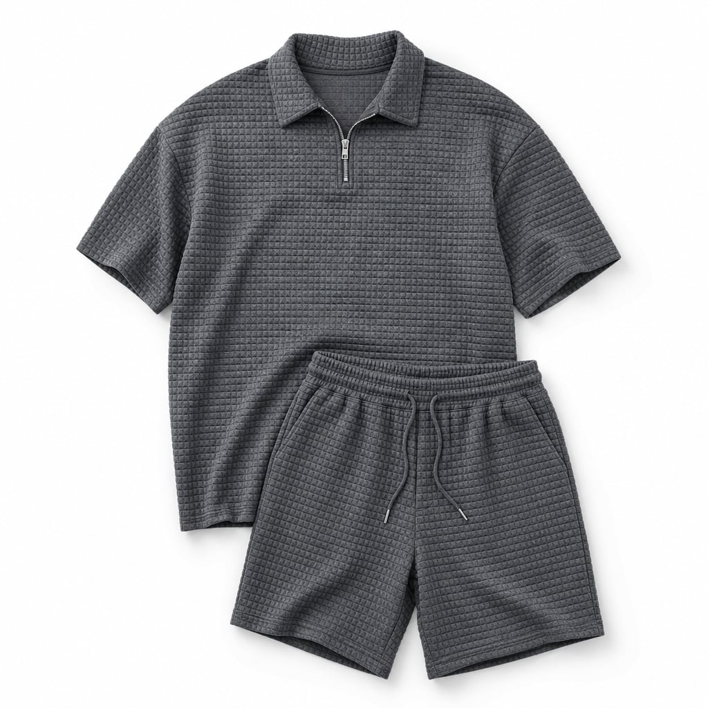 Mens Short and Polo Waffle Knit Set Relaxed Fit Dark Gray – Product Photo