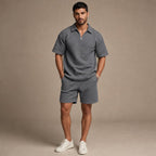 Mens Short and Polo Waffle Knit Set Relaxed Fit in Dark Gray – Tarlano Premium Menswear