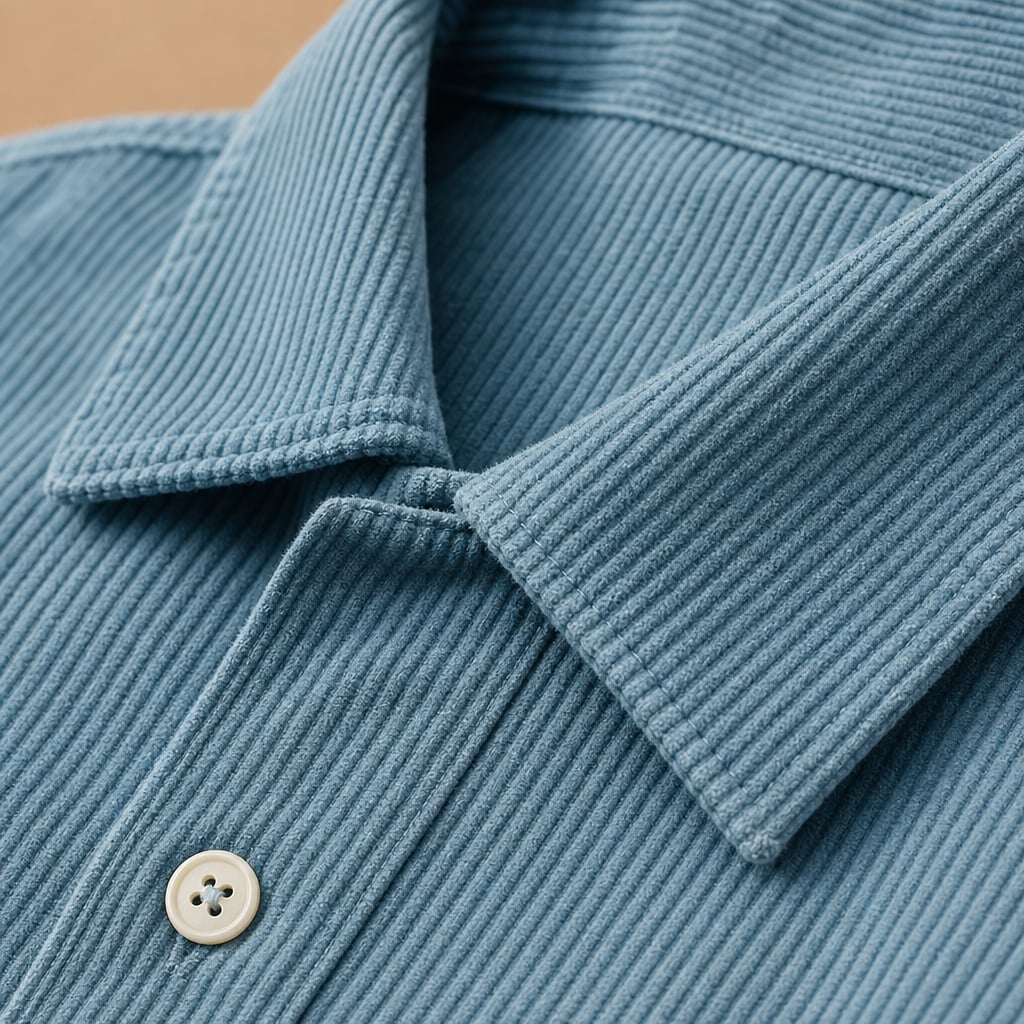 Mens Short and Shirt Corduroy Set Fine-Wale Camp Collar Co-Ord Blue – Fabric and Detail Close-Up