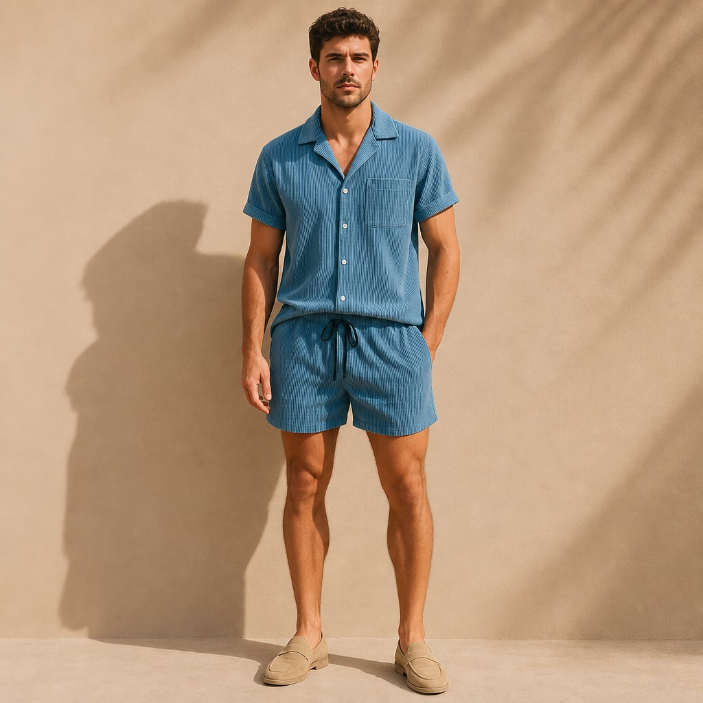 Mens Short and Shirt Corduroy Set Fine-Wale Camp Collar Co-Ord in Blue – Tarlano Premium Menswear
