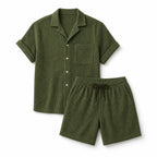 Mens Short and Shirt Corduroy Set Fine-Wale Camp Collar Co-Ord Green – Product Photo