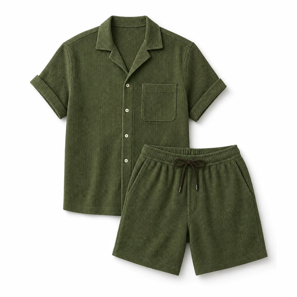 Mens Short and Shirt Corduroy Set Fine-Wale Camp Collar Co-Ord Green – Product Photo