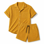 Mens Short and Shirt Corduroy Set Fine-Wale Camp Collar Co-Ord Yellow – Product Photo