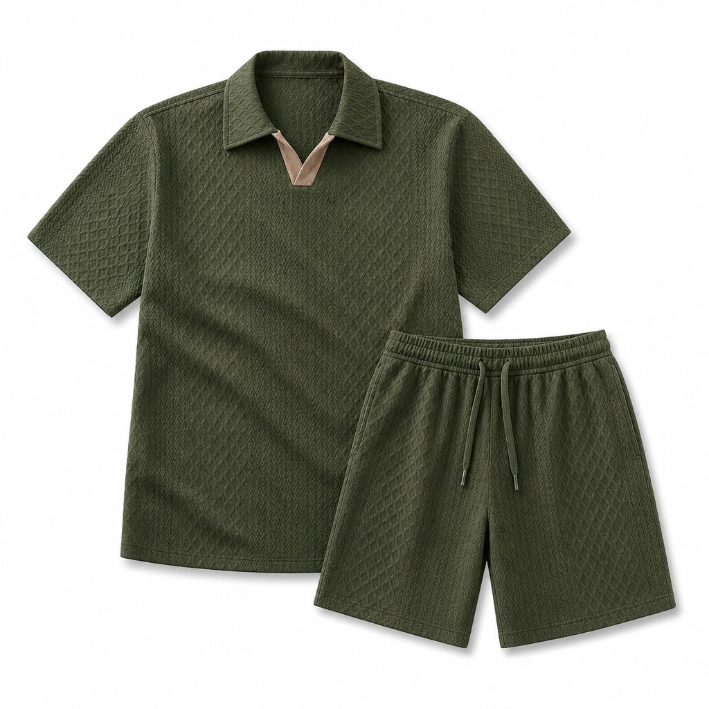 Mens Short Set Knit Polo Collar Diamond Pattern Green – Product Photo