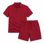 Mens Short Sleeve Knit Polo Set Geometric Pattern Drawstring Shorts Red – Product Photo
