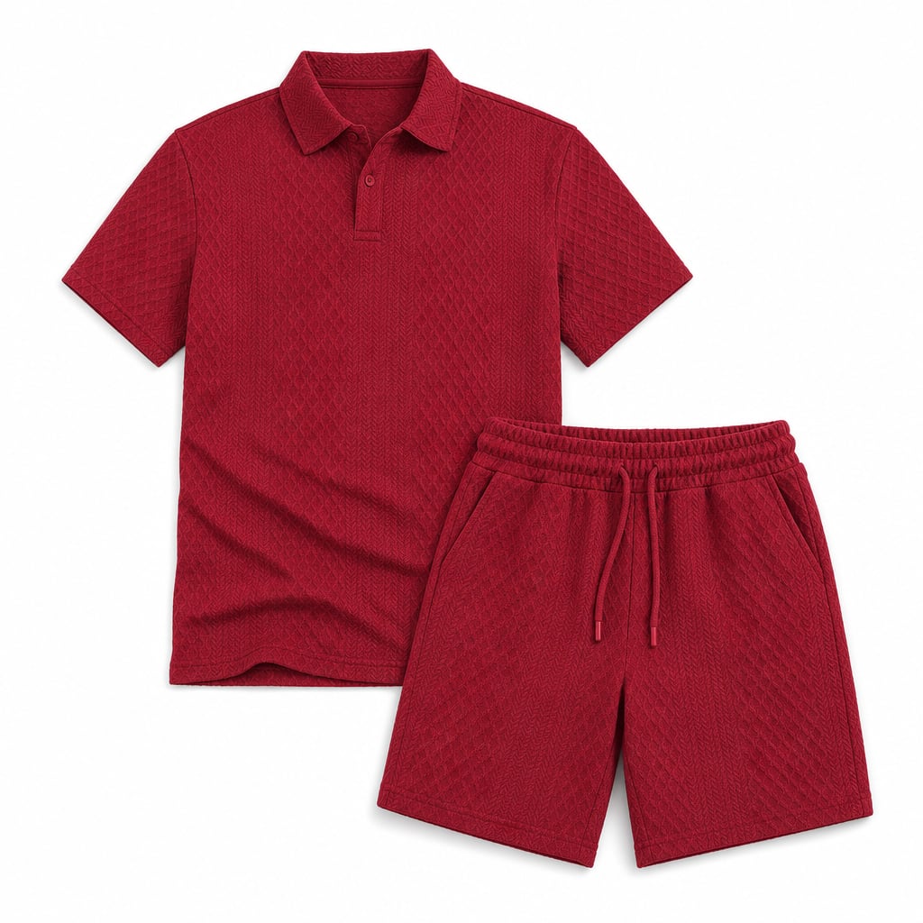 Mens Short Sleeve Knit Polo Set Geometric Pattern Drawstring Shorts Red – Product Photo