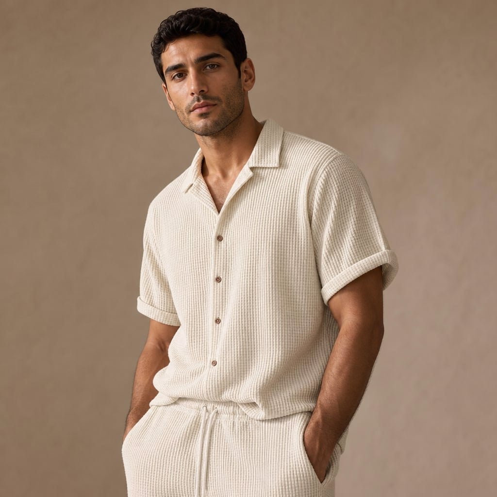 Mens Short Sleeve Waffle Knit Lounge Set Button Shirt Drawstring Shorts Beige – Side Angle View